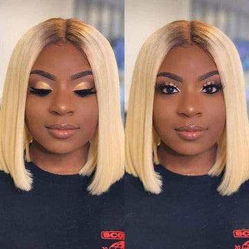 Ali Annabelle 1B/613 Dark Root Honey Blonde Bob Wig Short Straight Human Hair Wigs